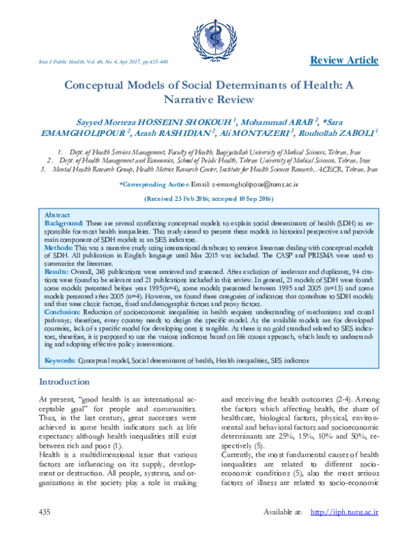 (PDF) Conceptual Models of Social Determinants of Health: A Narrative ...