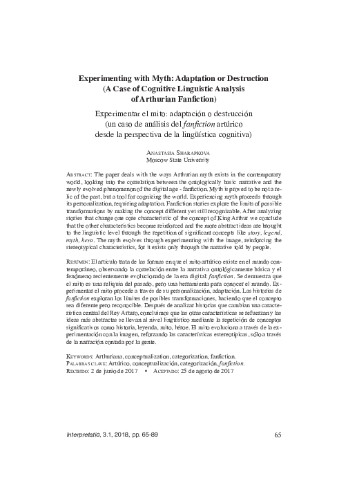 Experimenting with Myth : Adaptation or Destruction ( A Case of Cognitive Linguistic Analysis of Arthurian Fanfiction )