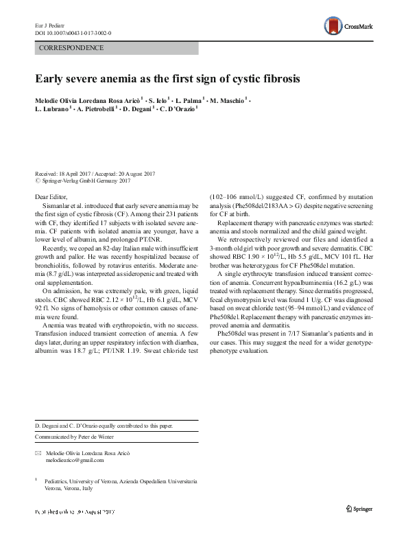 (PDF) Early severe anemia as the first sign of cystic fibrosis Sevgi