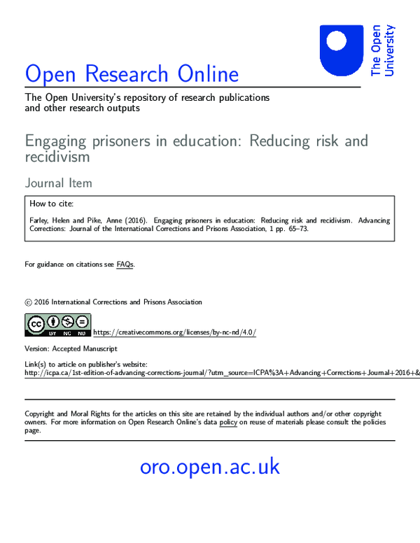(PDF) Engaging prisoners in education: Reducing risk and recidivism