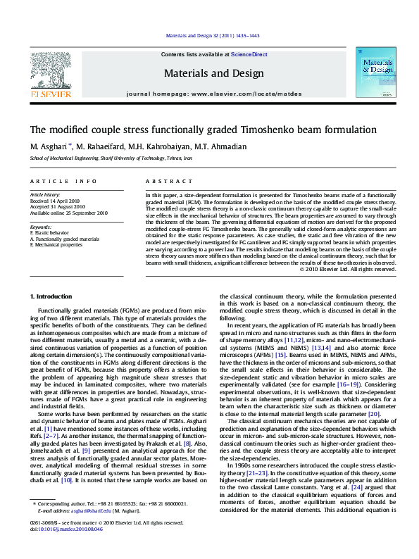 (PDF) The modified couple stress functionally graded Timoshenko beam ...