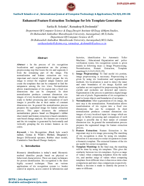 (PDF) Enhanced Feature Extraction Technique for Iris Template Generation