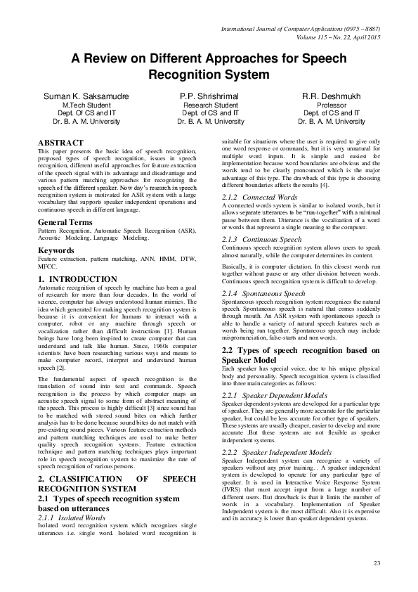 (PDF) A Review on Different Approaches for Speech Recognition System
