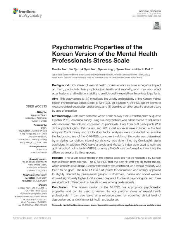 (PDF) Psychometric Properties of the Korean Version of the Mental ...