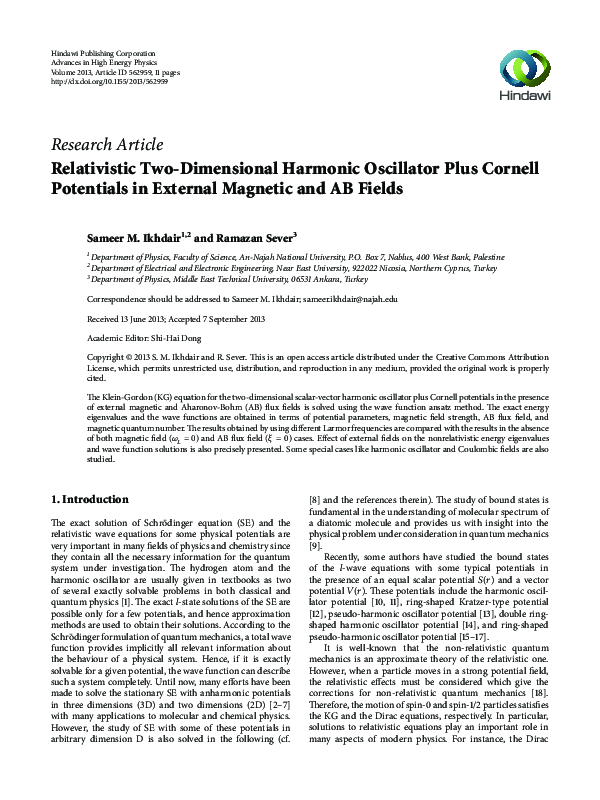 (PDF) Relativistic Two-Dimensional Harmonic Oscillator Plus Cornell ...