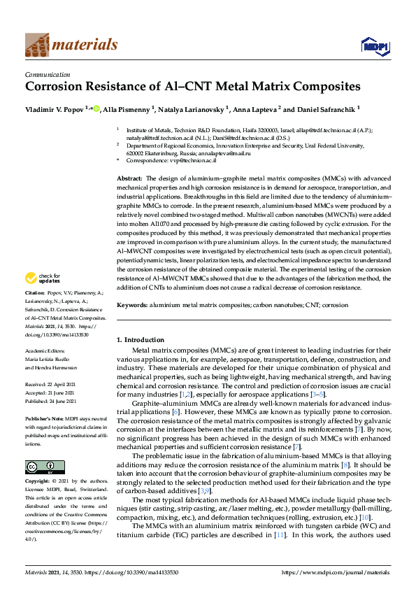 (PDF) Corrosion Resistance of Al–CNT Metal Matrix Composites