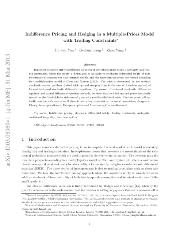 (PDF) Indifference pricing and hedging in a multiple-priors model with ...