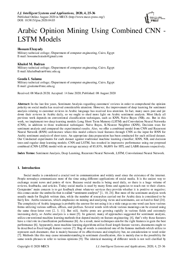 (PDF) Arabic Opinion Mining Using Combined CNN - LSTM Models