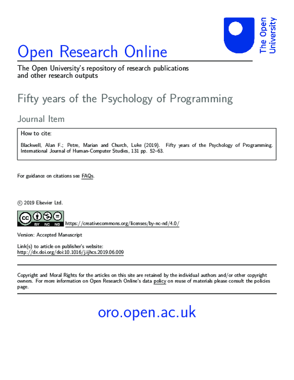 (PDF) Fifty years of the Psychology of Programming
