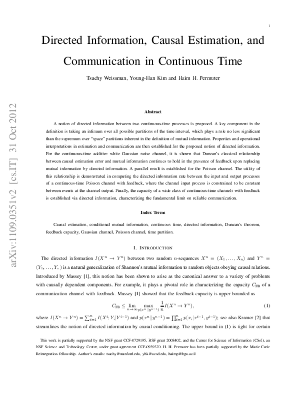 (PDF) Directed Information, Causal Estimation, and Communication in ...