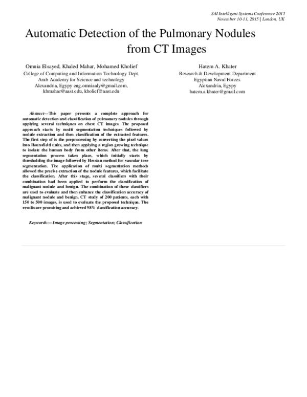 (PDF) Automatic detection of the pulmonary nodules from CT images