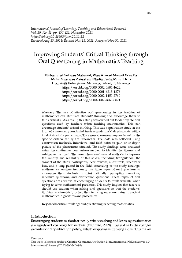(PDF) Improving Students’ Critical Thinking through Oral Questioning in ...