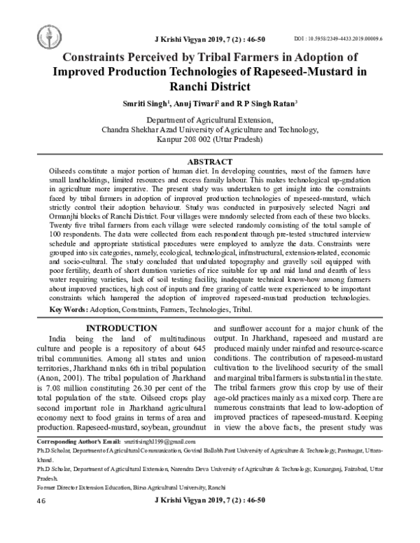 (PDF) Constraints Perceived by Tribal Farmers in Adoption of Improved ...