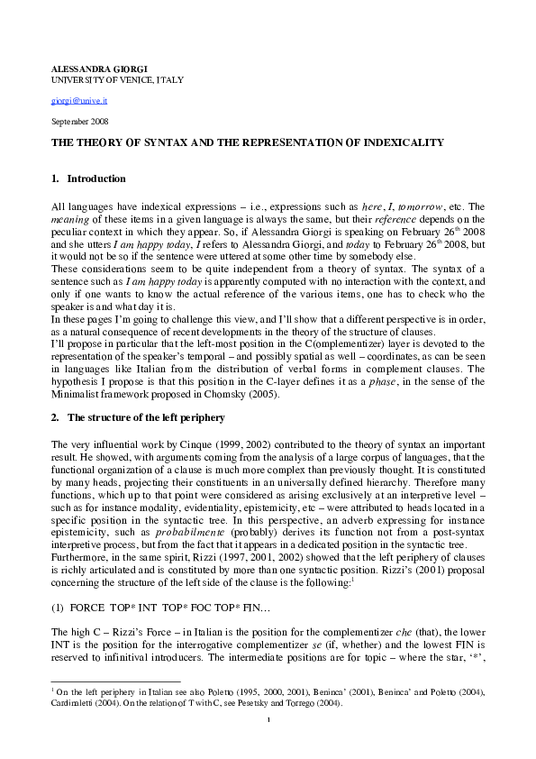 (PDF) The Theory of Syntax and the Representation of Indexicality