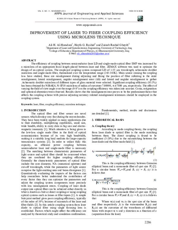 (PDF) Improvement of Laser to Fiber Coupling Efficiency Using Microlens ...
