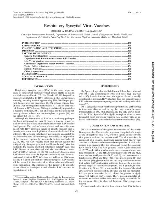 (PDF) Respiratory Syncytial Virus Vaccines