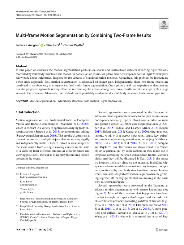 (PDF) Multi-frame Motion Segmentation by Combining Two-Frame Results