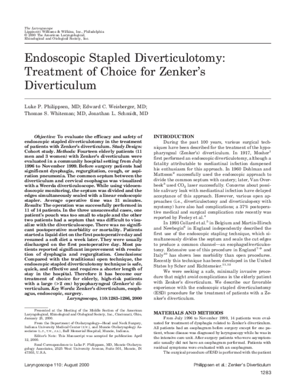 (PDF) Endoscopic Stapled Diverticulotomy Treatment of Choice for