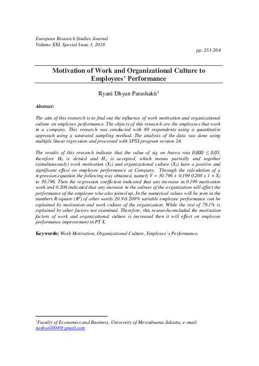 (PDF) Motivation of Work and Organizational Culture on Employees ...