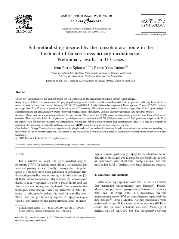 (PDF) Suburethral sling inserted by the transobturator route in the ...