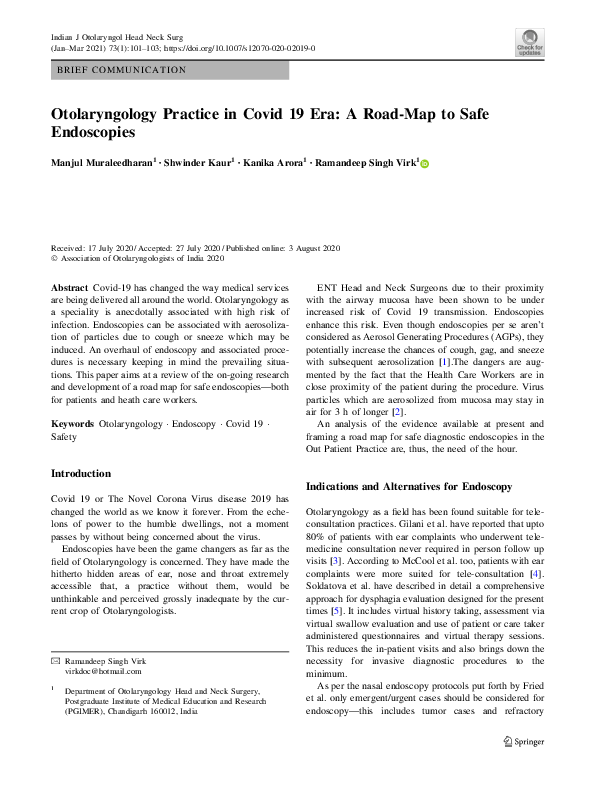 (PDF) Otolaryngology Practice in Covid 19 Era: A Road-Map to Safe ...