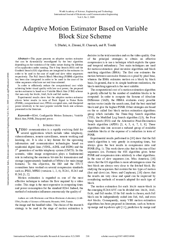 (PDF) Adaptive Motion Estimator Based On Variable Block Size Scheme