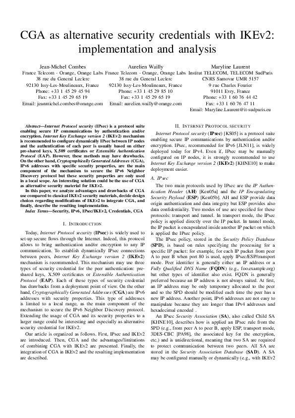 (PDF) CGA as alternative security credentials with IKEv2 ...