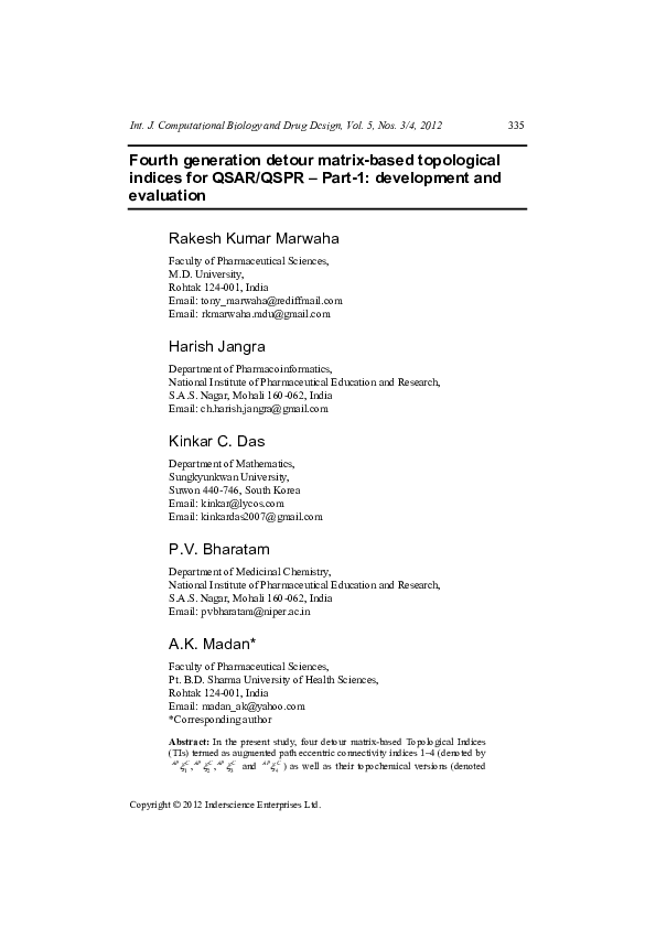 (PDF) Fourth generation detour matrix based topological indices for QSAR/QSPRPart 1
