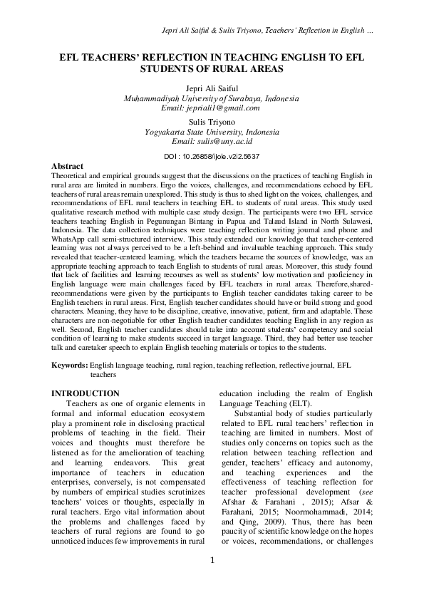 (PDF) Efl Teachers’ Reflection in Teaching English to Efl Students of ...