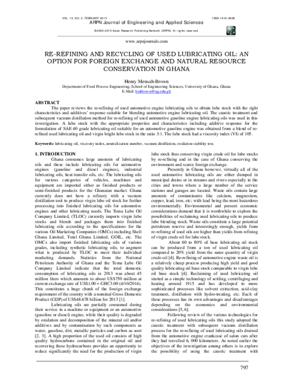 (PDF) Re-refining and recycling of used lubricating oil: An option for ...