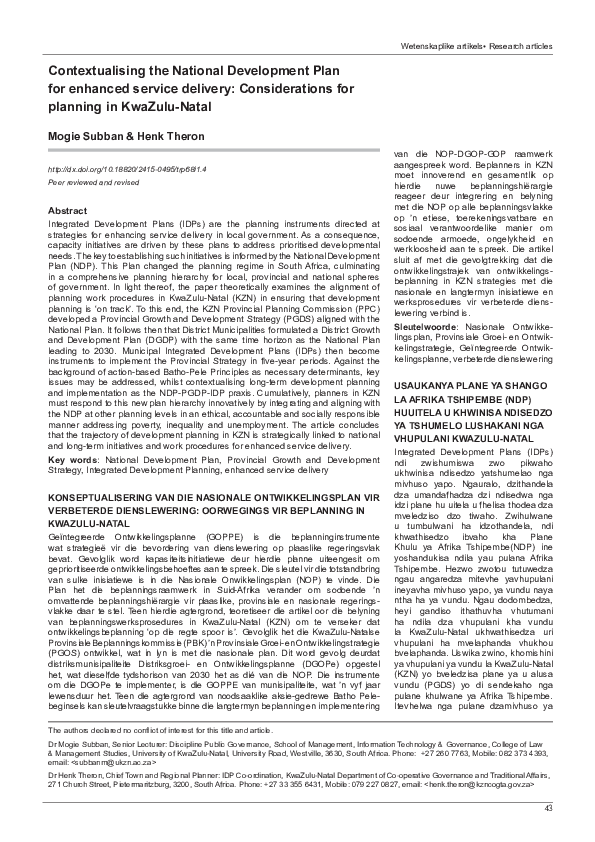 (PDF) Contextualising the National Development Plan for enhanced ...