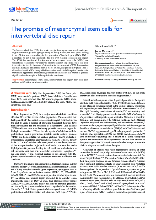 (PDF) The Promise of Mesenchymal Stem Cells for Intervertebral Disc Repair
