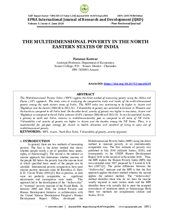 (PDF) The Multidimensional Poverty in the North Eastern States of India