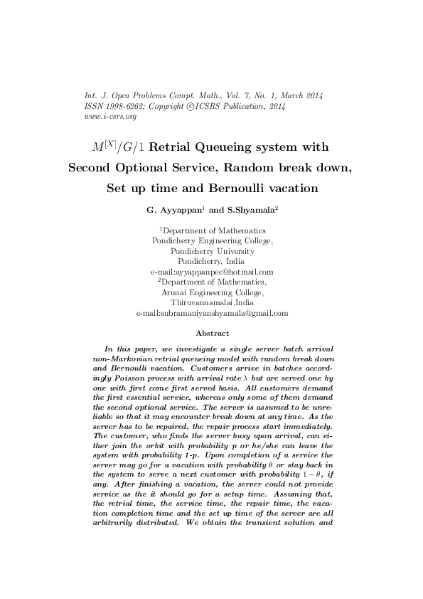 (PDF) M[X]/G/1 Retrial Queueing System with Second Optional Service ...
