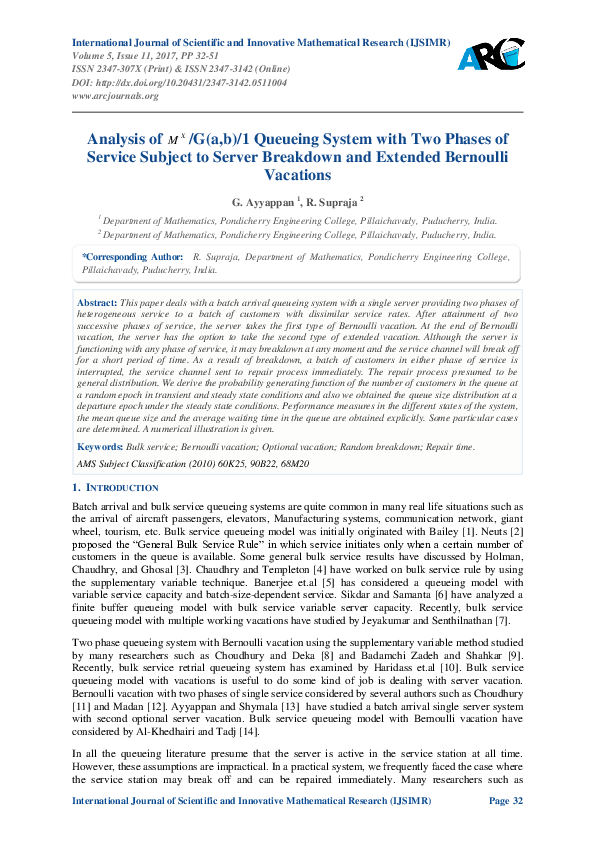 (PDF) Analysis of Mx/G(a,b)/1 Queueing System with Two Phases of ...