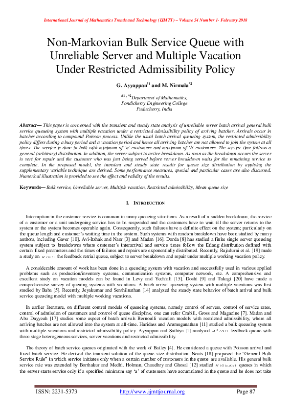 (PDF) Non-Markovian Bulk Service Queue with Unreliable Server and ...