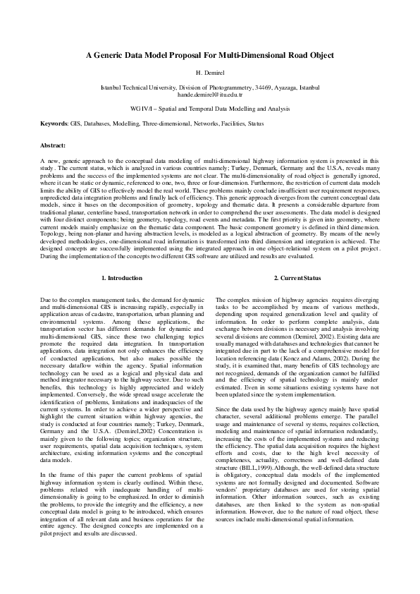 (PDF) A Generic Data Model Proposal For Multi-Dimensional Road Object