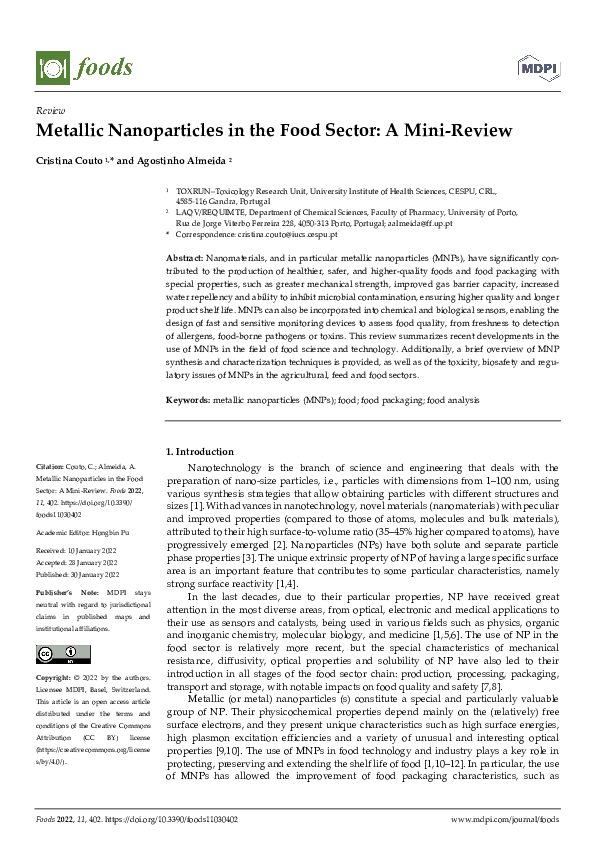 (PDF) Metallic Nanoparticles in the Food Sector: A Mini-Review