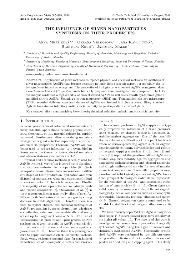 (PDF) The Influence of Silver Nanoparticles Synthesis on Their Properties