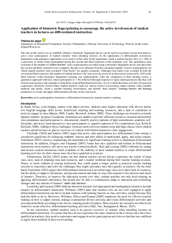 (PDF) Application of biometric fingerprinting to encourage the active involvement of student