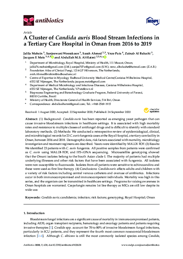 (PDF) A Cluster of Candida auris Blood Stream Infections in a Tertiary ...