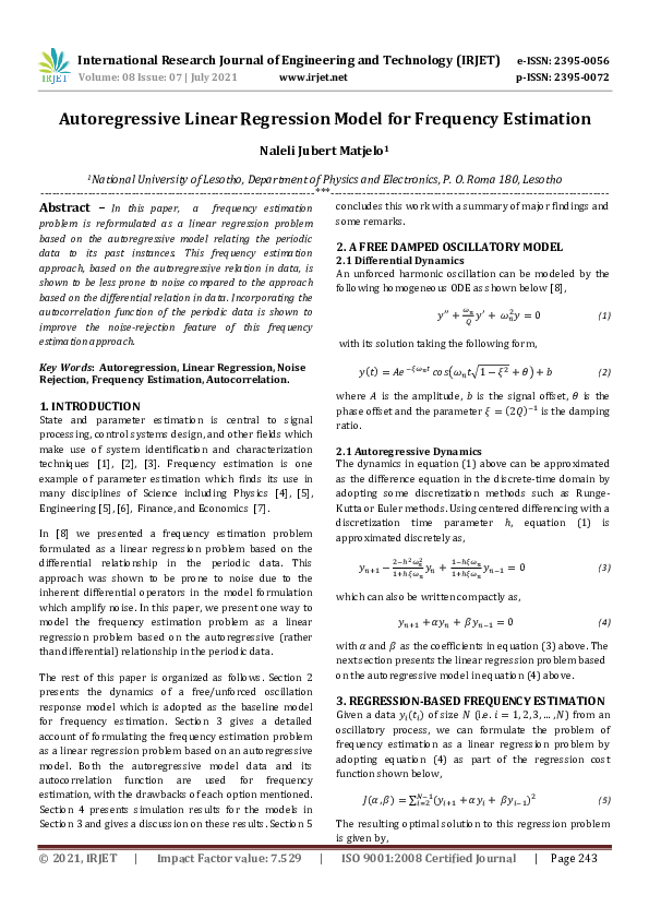 (PDF) Autoregressive Linear Regression Model for Frequency Estimation