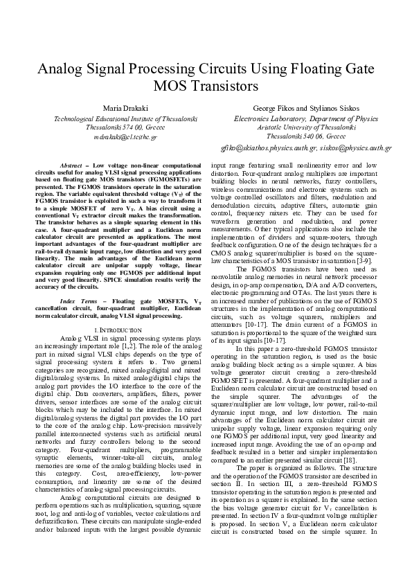 (PDF) Analog Signal Processing Circuits Using Floating Gate MOS
