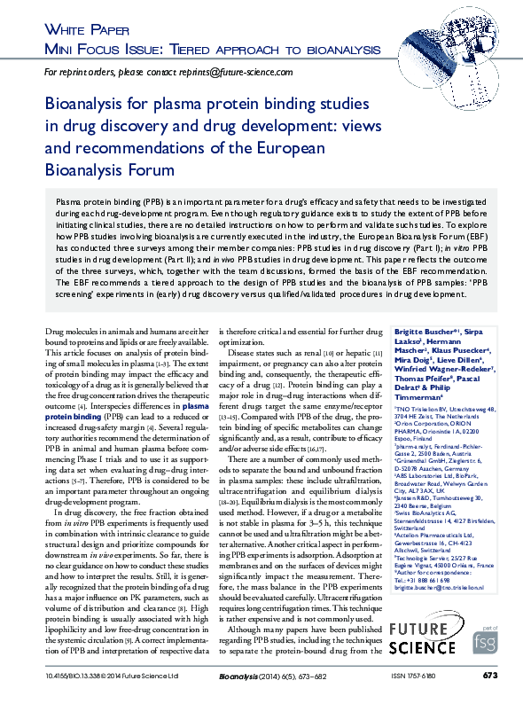 (PDF) Bioanalysis for plasma protein binding studies in drug discovery ...