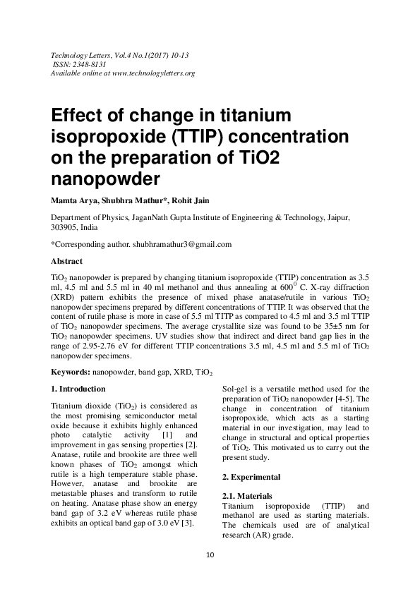 (PDF) Effect of change in titanium isopropoxide (TTIP) concentration on ...