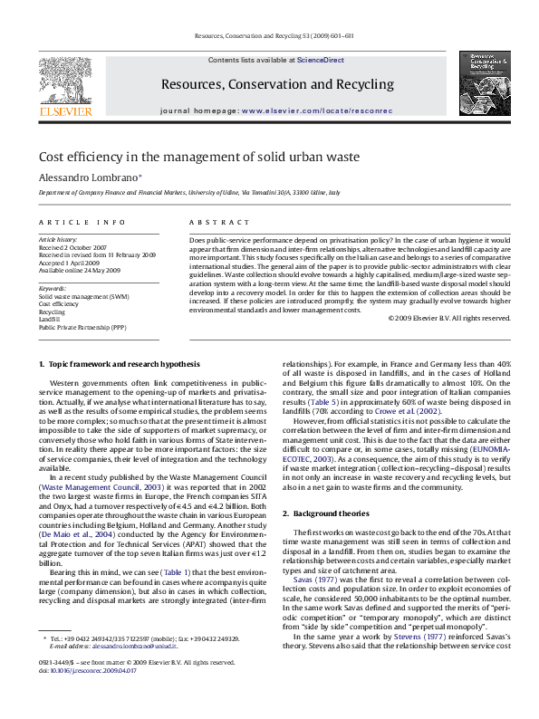 (PDF) Cost efficiency in the management of solid urban waste