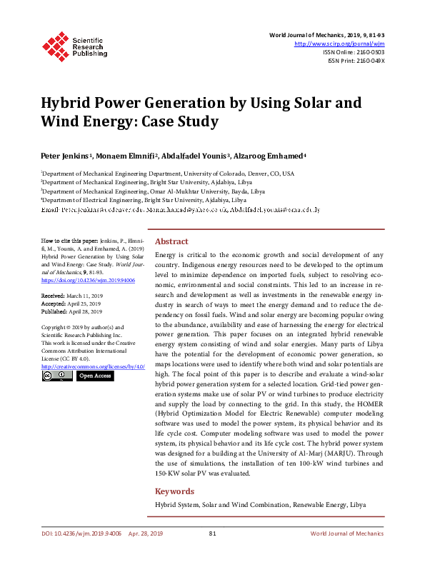 (PDF) Hybrid Power Generation by Using Solar and Wind Energy: Case Study