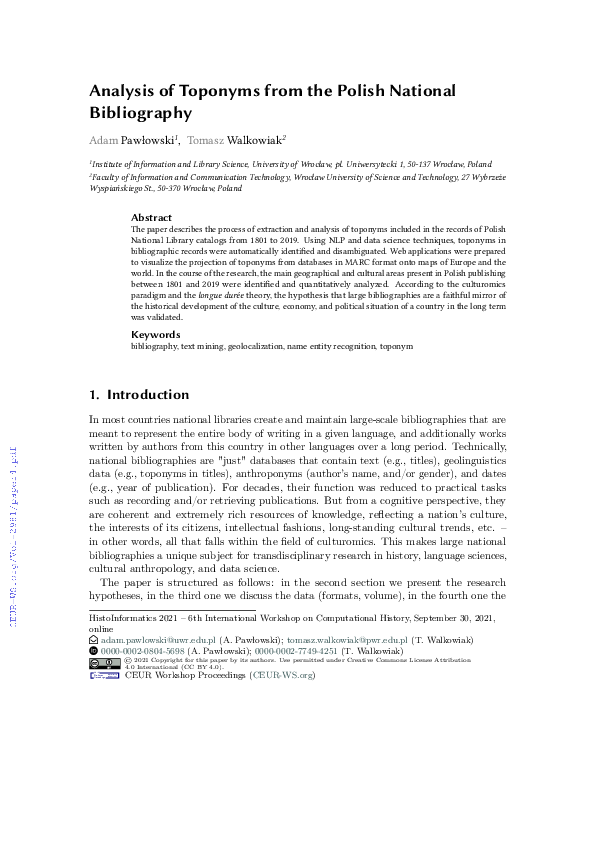 (PDF) Analysis of Toponyms from the Polish National Bibliography