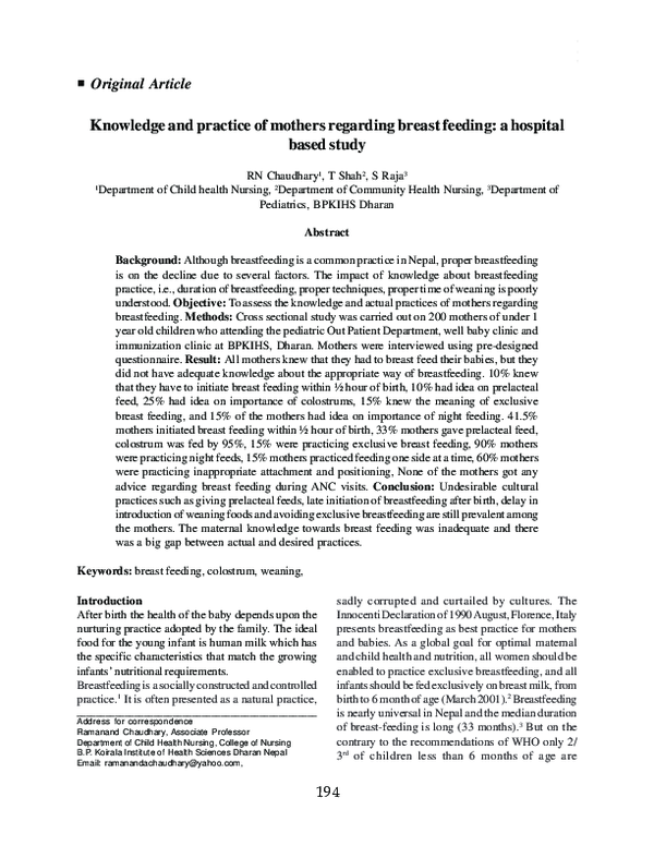 (PDF) Knowledge and practice of mothers regarding breast feeding: a ...