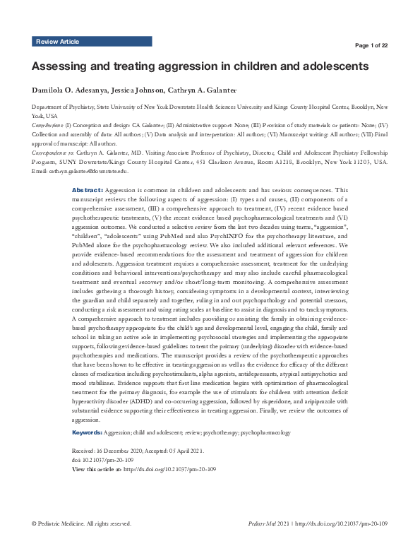 (PDF) Assessing and treating aggression in children and adolescents